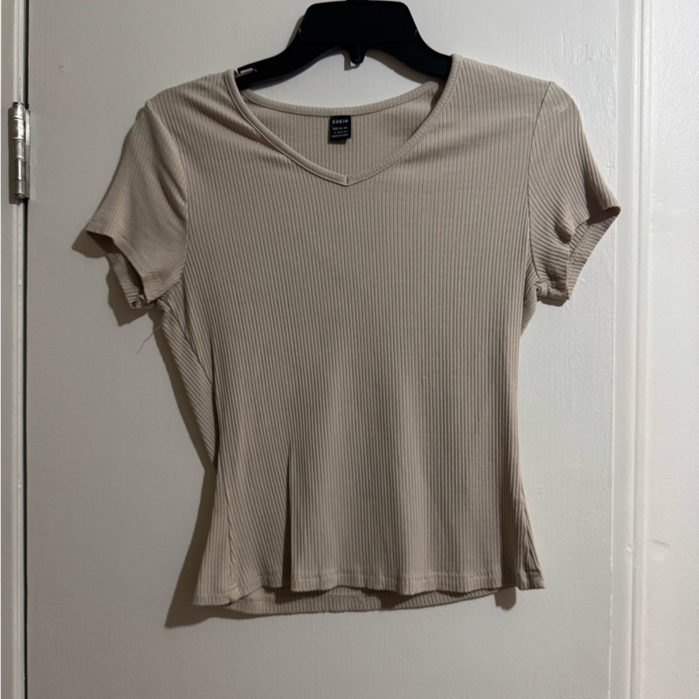 SHEIN Ribbed V-Neck Short Sleeve Top in Beige